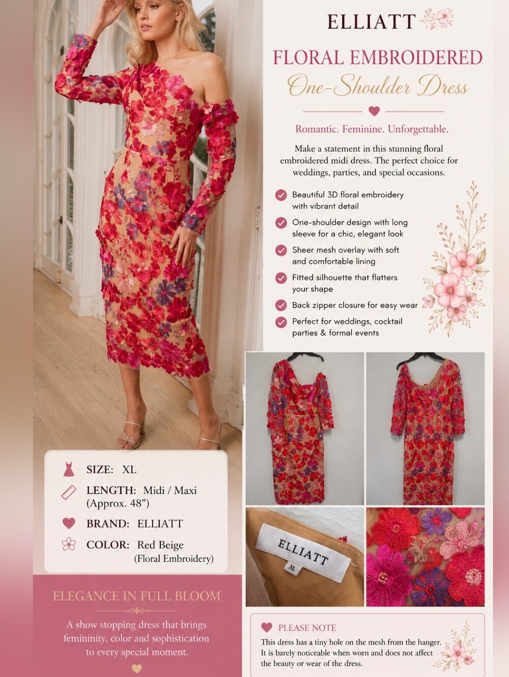 ELLIATT Red Beige Floral Embroidered One-Shoulder Midi Dress